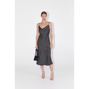 Zara Blogger’s Favorite Midi Camisole Slip Dress 9479/048/800 Black White Dot M